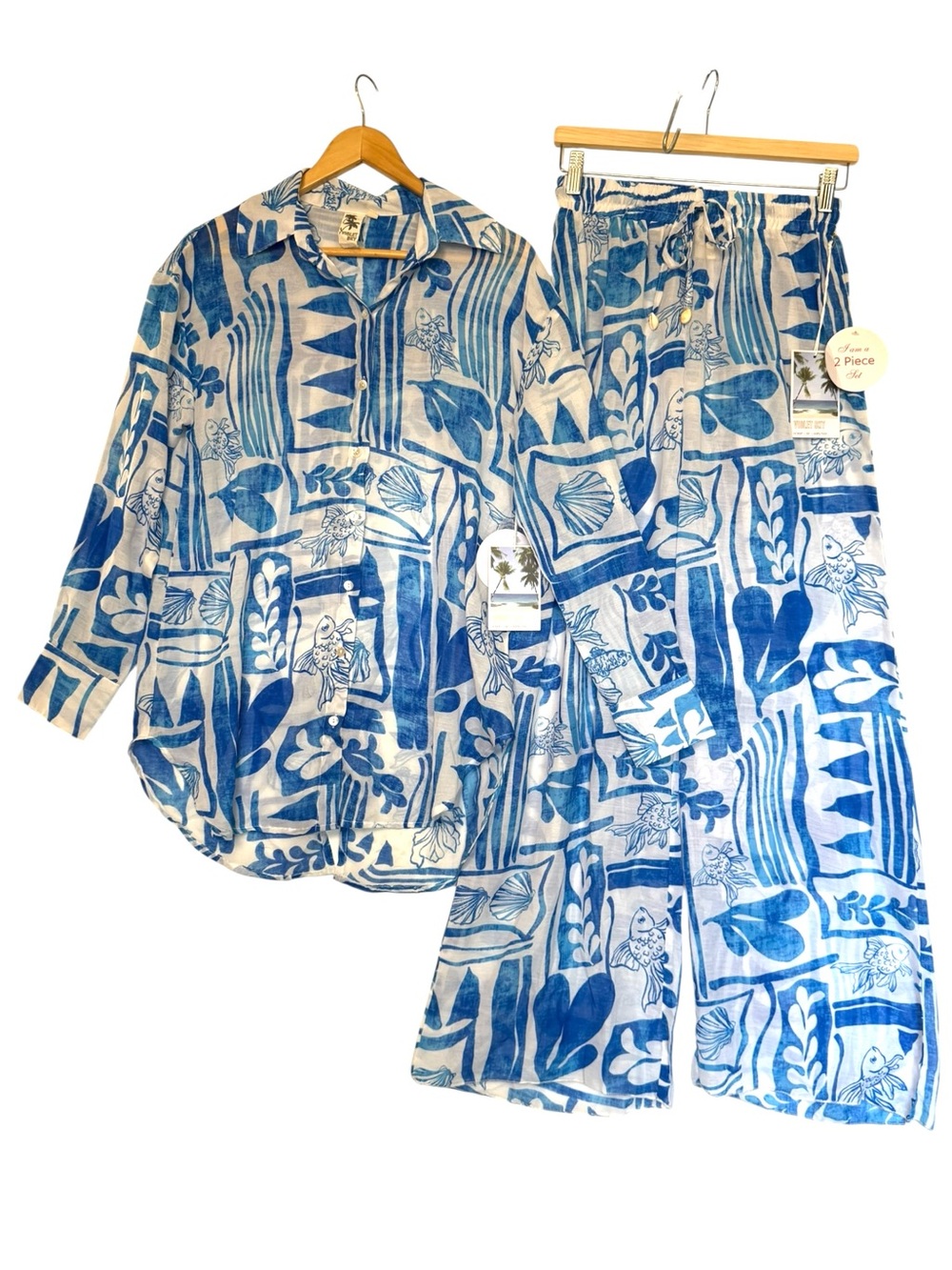 Violet Sky Blue Tropical Print 2-PC Button-Down Top & Wide-Leg Pants SMALL NWT